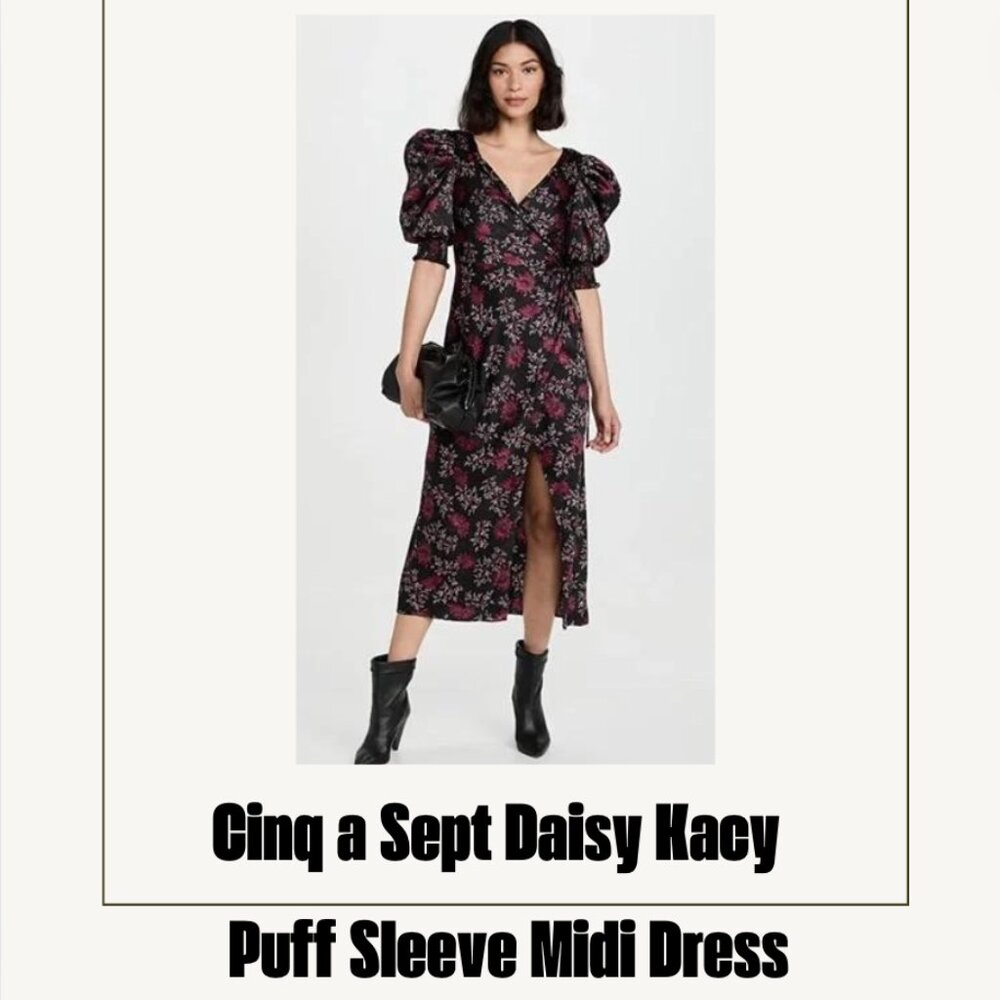 Cinq a Sept Tumbled Daisy Kacy Floral Print Puff Sleeve Midi Dress, size 6